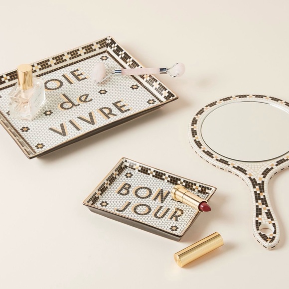 NWT Anthropologie Bistro Tile Bonjour Decorative Stoneware Tray - Black & Gold - Picture 3 of 3